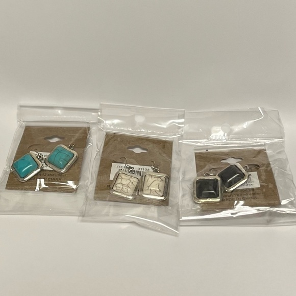 Women’s Vintage Square Semiprecious Stone Earrings Silvertone - Picture 13 of 13